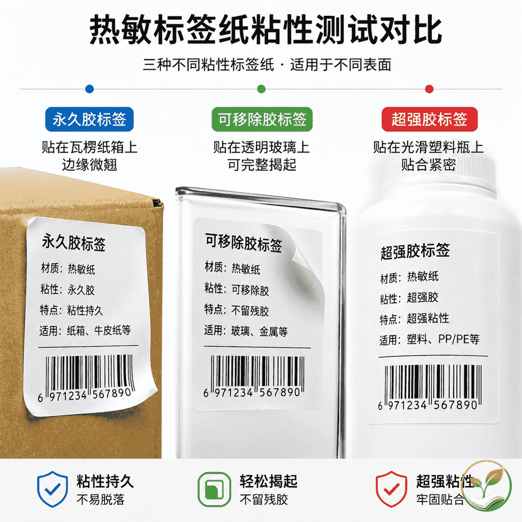 三种粘性热敏标签纸粘贴效果对比：永久胶贴在纸箱上，可移除胶贴在玻璃上，超强胶贴在塑料瓶上，展示粘性差异