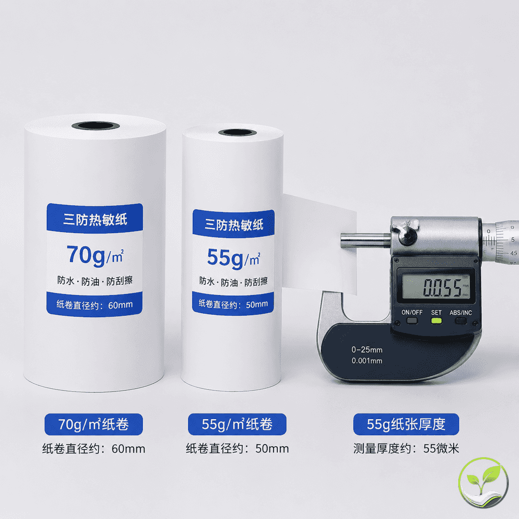 不同克重三防热敏纸卷并排对比，千分卡尺测量厚度差异