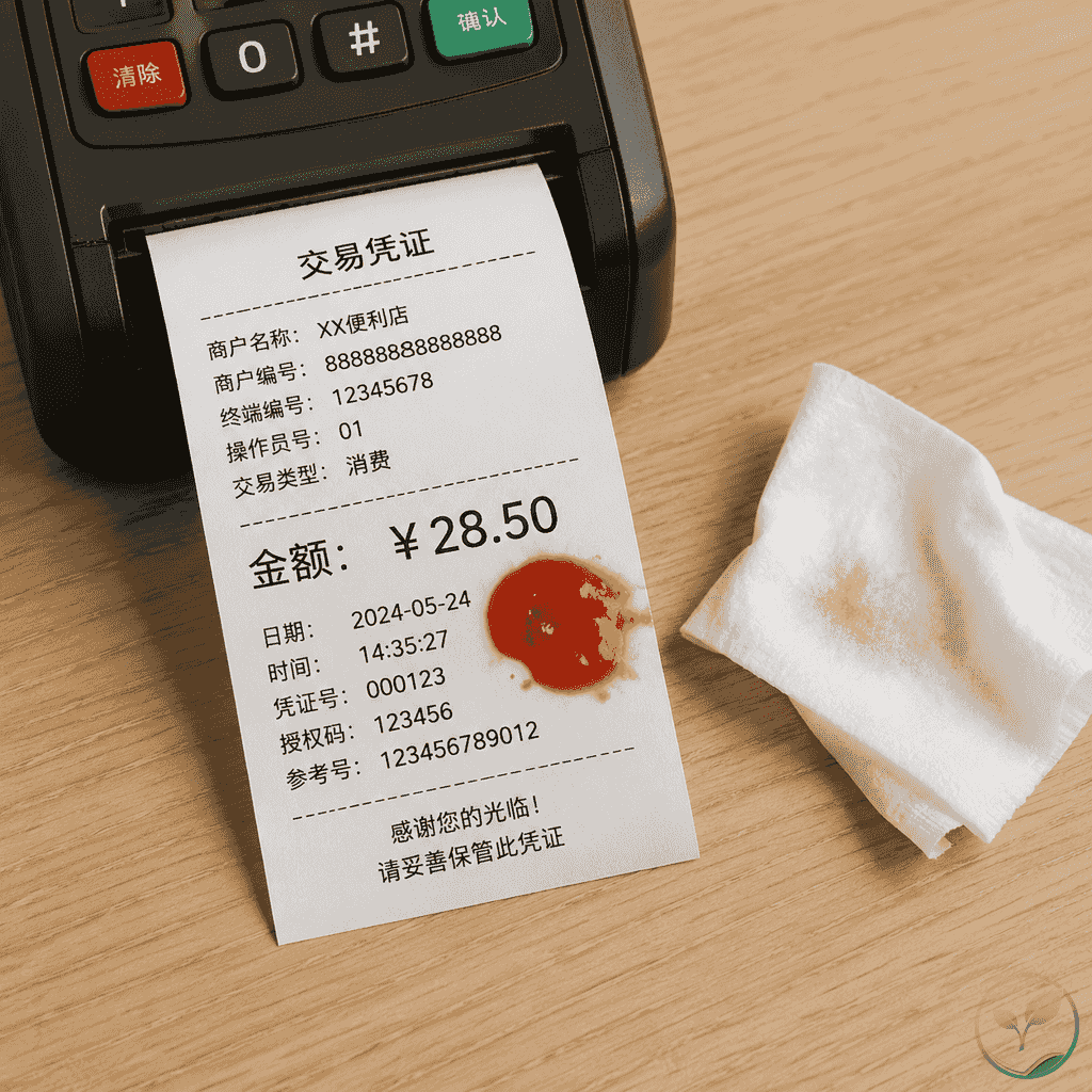 餐厅收银台场景,POS机吐出一张三防热敏纸小票,小票上有酱汁污渍,字迹仍清晰可辨