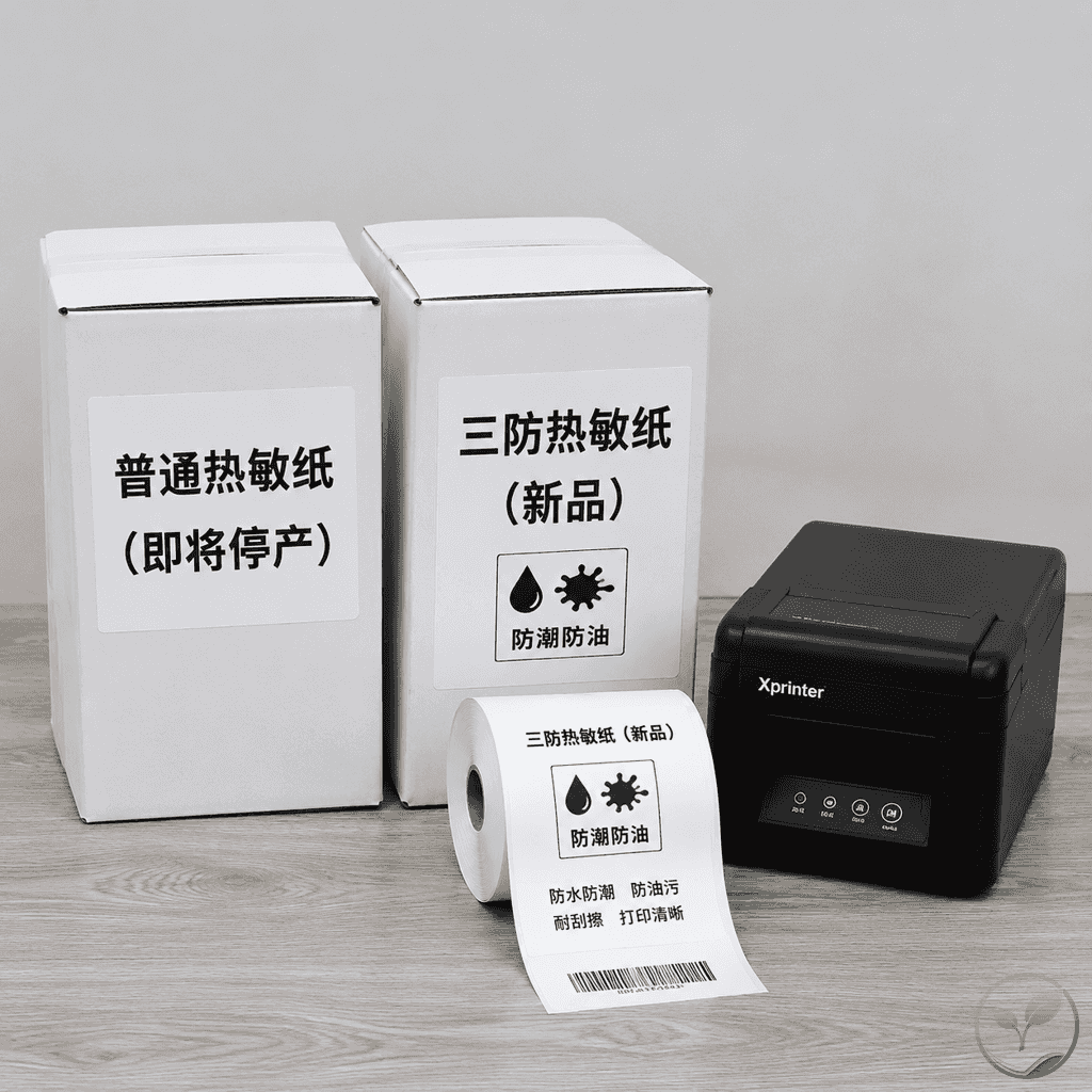 仓库环境中两个纸箱并排,一个标注“普通热敏纸”,另一个标注“三防热敏纸”,周围有打包胶带和标签机