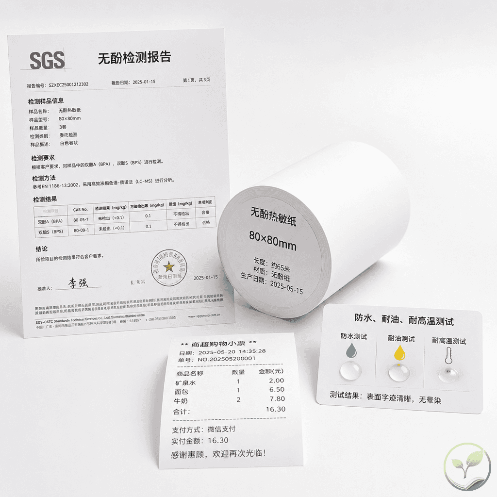 一张热敏纸卷旁边放置SGS检测报告和防水耐候测试图标,展示对比表的关键特性