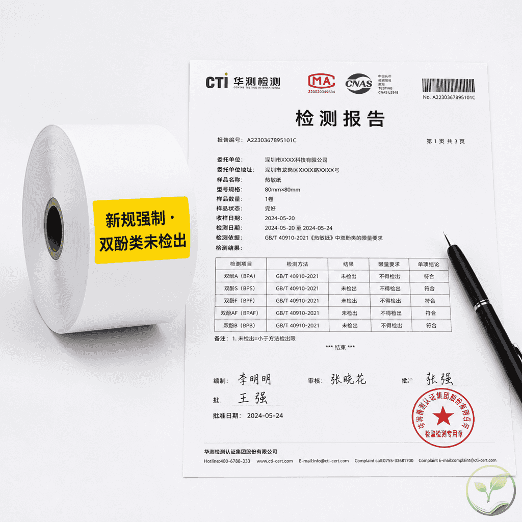 一张合规热敏纸卷侧面贴有黄色警示标签,上面写着“新规强制·双酚类未检出”,旁边放着一张纸质检测报告和一支笔