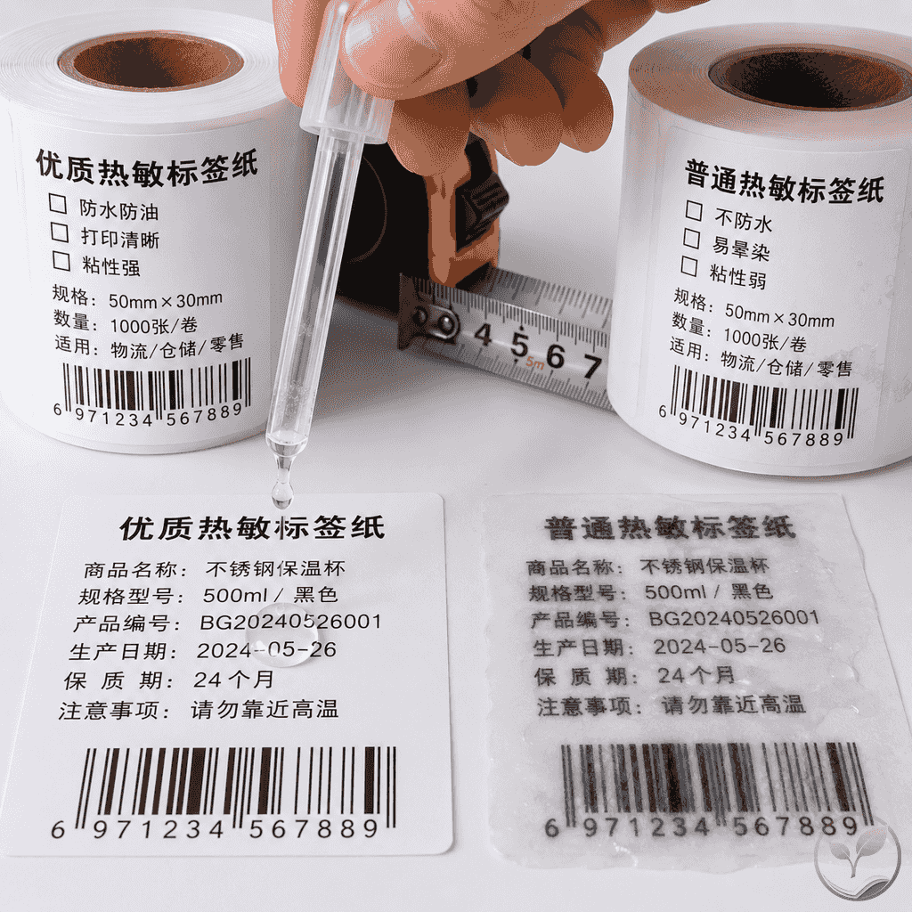 一只手拿着滴管在打印好的标签上滴水测试三防性能，旁边有两张对比标签，一张字迹模糊一张清晰