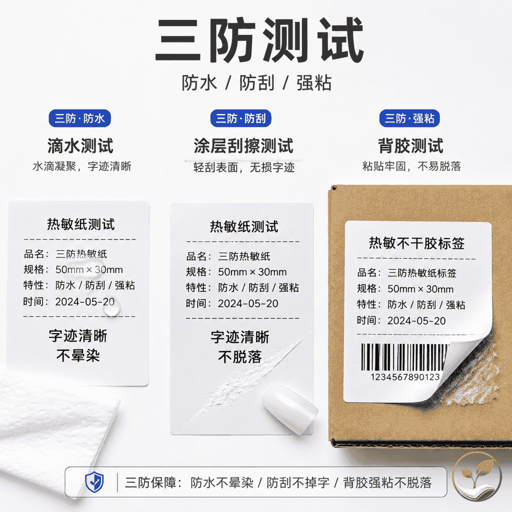 对比测试场景:左半部分展示滴水测试一滴水在热敏纸打印区,右半部分展示指甲刮擦涂层,下方展示背胶粘贴在瓦楞纸箱上的效果,白色背景