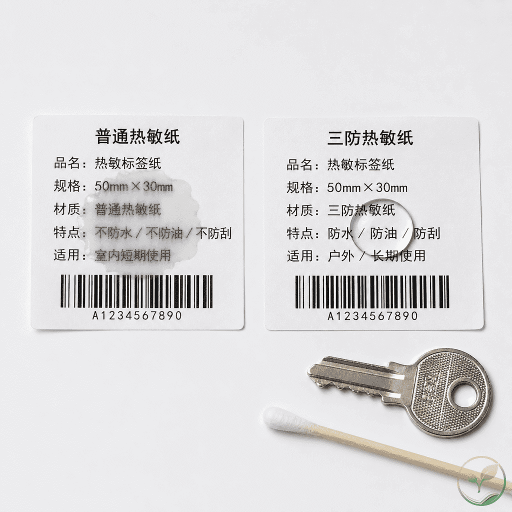 一张普通热敏纸和一张三防热敏纸并排,表面各滴一滴水,三防纸水滴呈珠状,普通纸水渍扩散字迹模糊,旁边放有钥匙和棉签测试工具