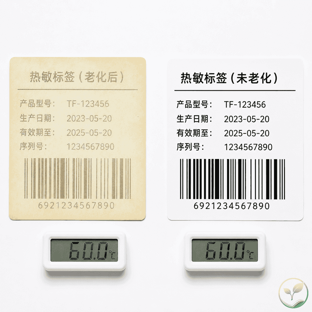 两张经过48小时60℃烘箱老化测试后的热敏纸标签并排对比，左侧劣质三防纸字迹明显黄变褪色，右侧合格三防纸字迹清晰无明显变化，背景有数字温度计和烘箱示意