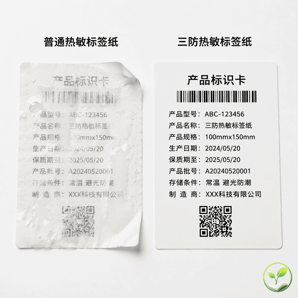 两种热敏纸对比，左侧普通纸因受潮字迹模糊有翘边，右侧三防纸完好无损，背景白色