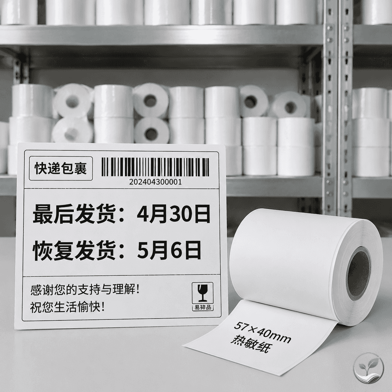 热敏纸仓库发货场景,显示截止时间4月30日和恢复时间5月6日
