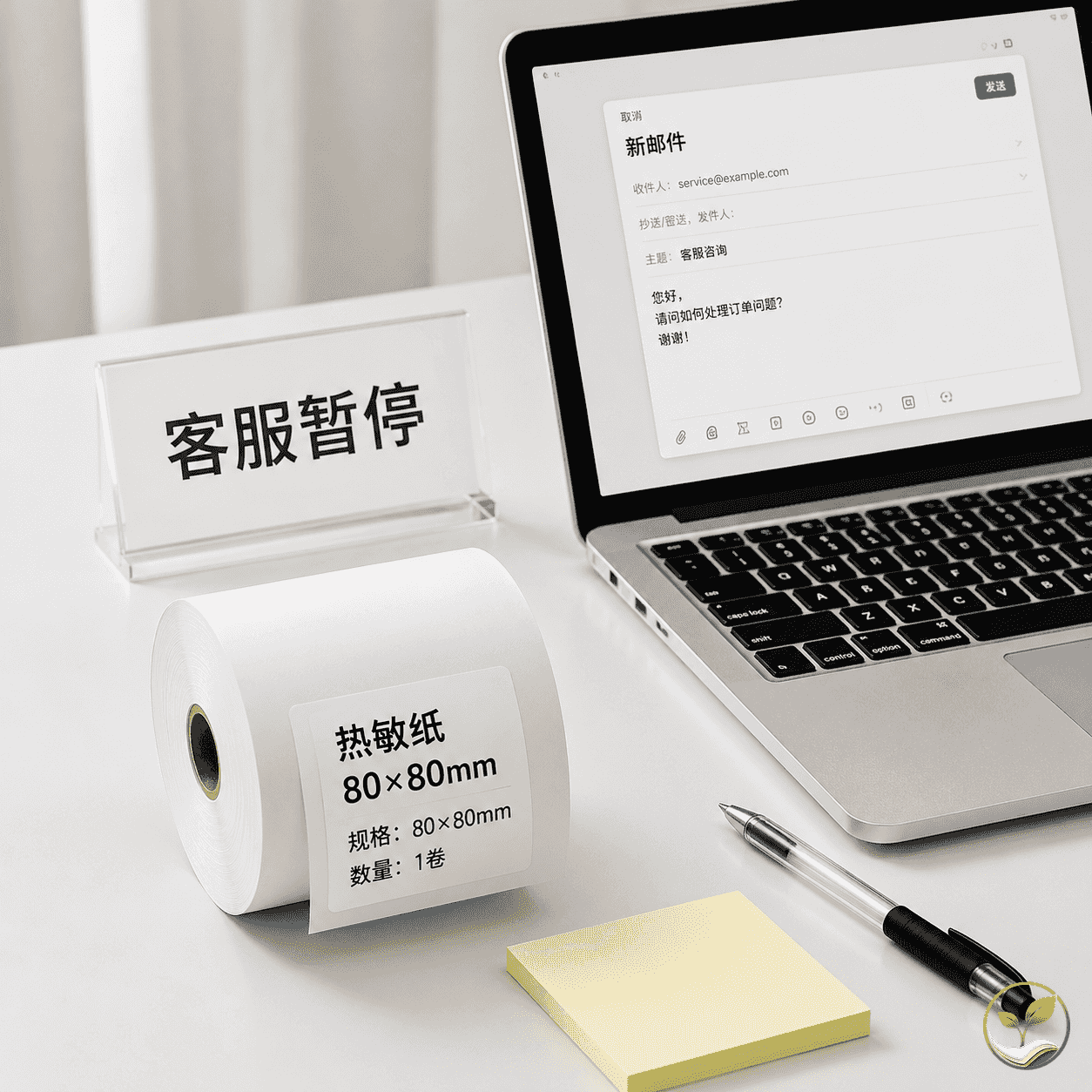 热敏纸办公桌上的客服暂停提示和邮件联系方式