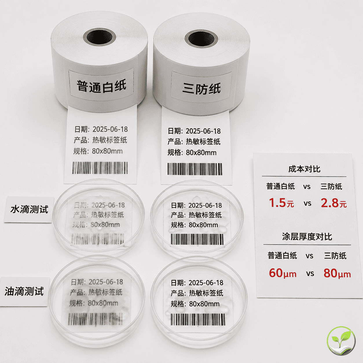 两卷80x80热敏纸对比，左边普通白纸，右边三防纸，中间放置水滴和油滴测试效果，旁边有一张参数对比卡片