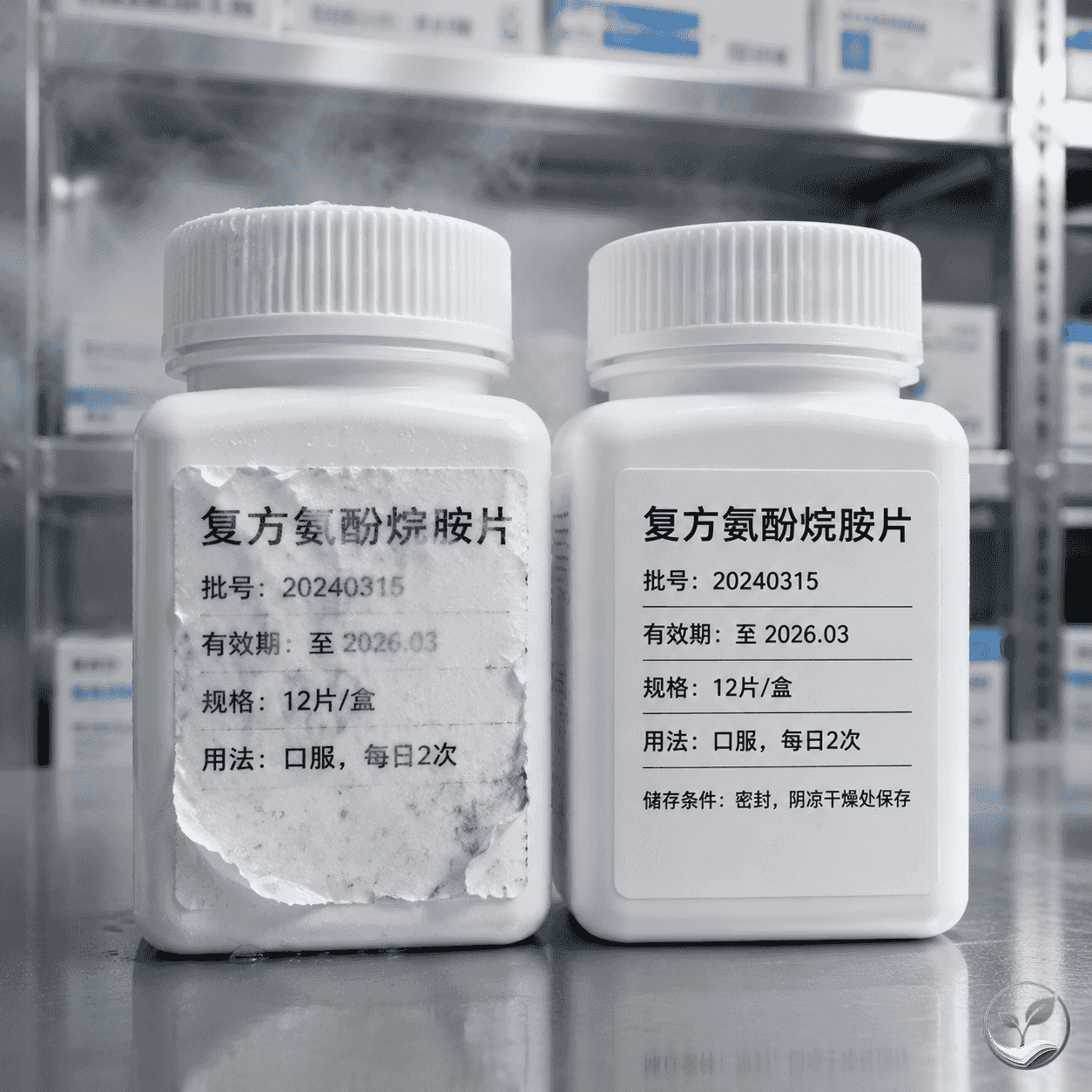 一张破损模糊的普通热敏标签贴在药瓶上,标签边缘翘起,字迹无法识别,旁边另一张完好的三防热敏标签在同样潮湿环境下字迹清晰,背景为药房冷藏区环境