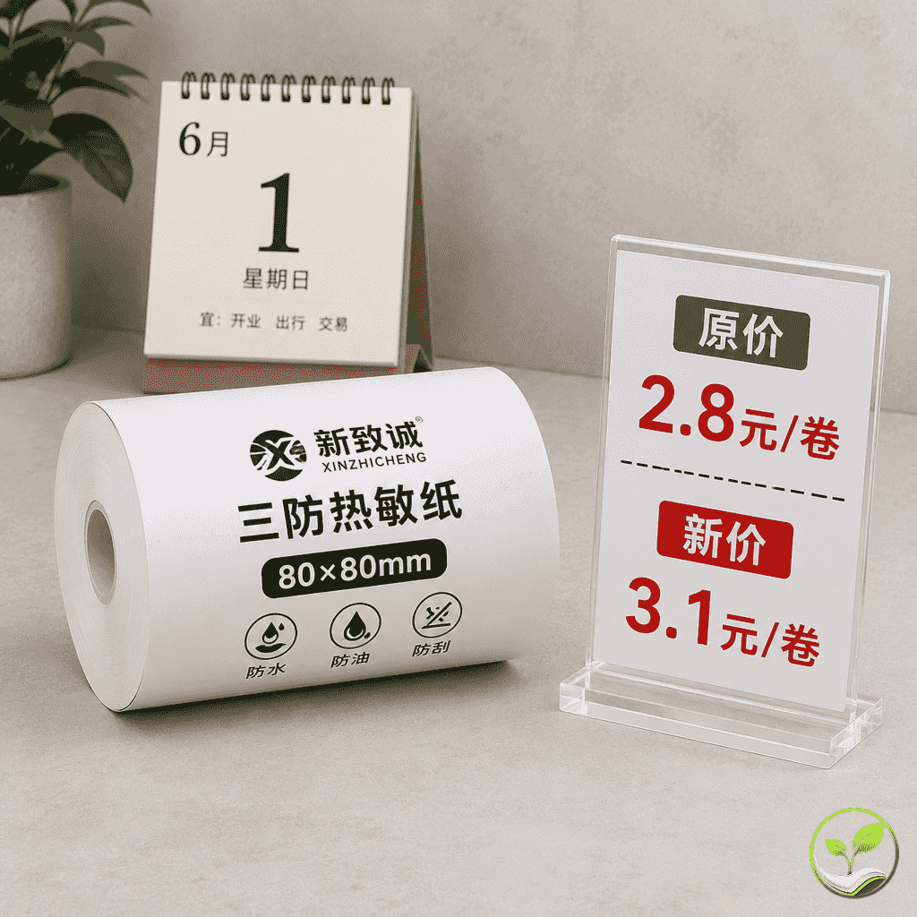 一张热敏纸卷(80×80三防热敏纸)平放在桌面,旁边一个立式价签牌显示原价2.8元和新价3.1元,背景中可见日历翻到6月1日