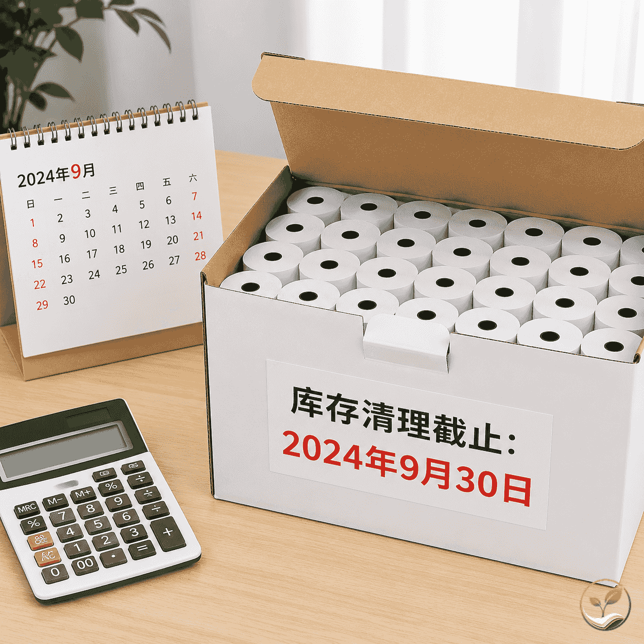 一箱热敏纸卷旁放有日历和计算器,箱体贴有“库存清理截止:2024年9月30日”标签,背景办公桌,展示库存处理场景