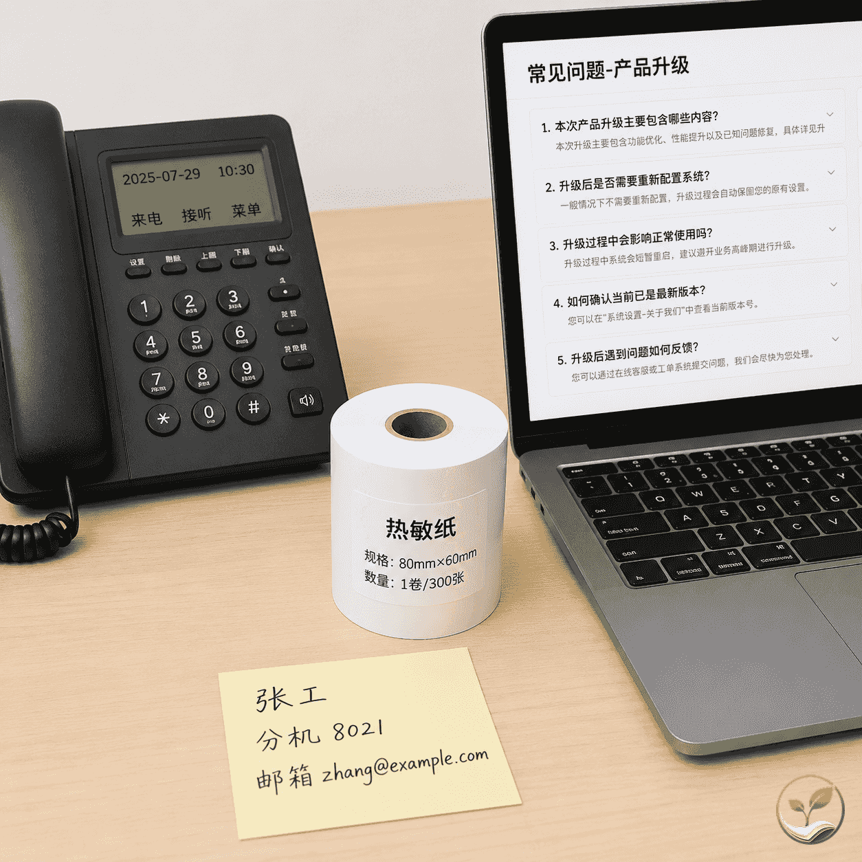 办公桌上一卷热敏纸旁放有一部座机电话和一台笔记本电脑,电脑屏幕显示FAQ页面列表,桌面还有一张写有联系邮箱和分机的便签