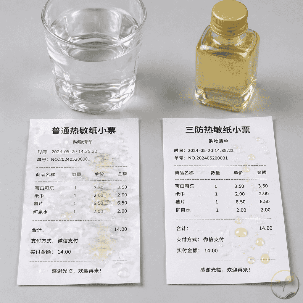 普通热敏纸与三防热敏纸打印后经过水渍油污测试的对比效果,字迹清晰度对比。