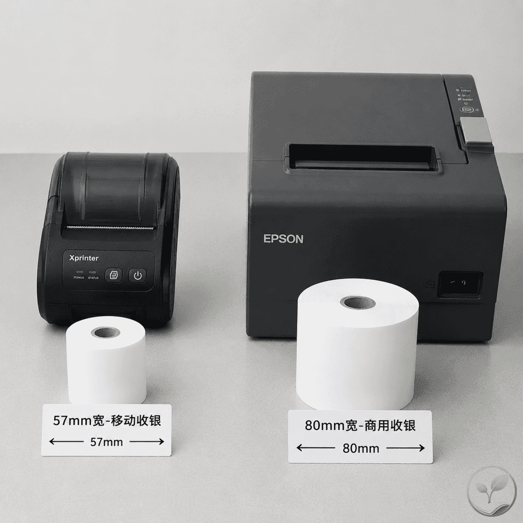 热敏打印机与两种常见收银纸规格（57×50和80×80）并排展示，标注适用场景