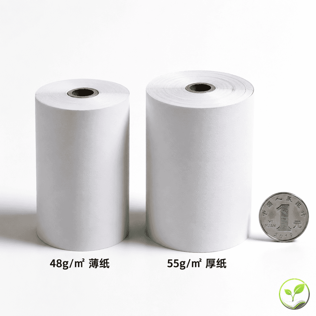 两种不同克重的热敏纸卷并排比较，厚薄差异明显