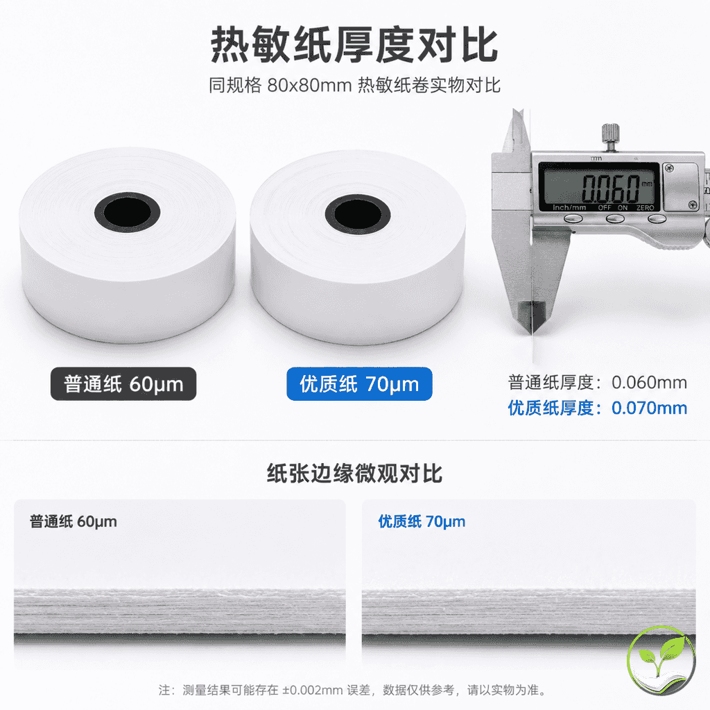 两种不同品质的热敏纸卷并排对比,标注普通纸和优质纸的差异