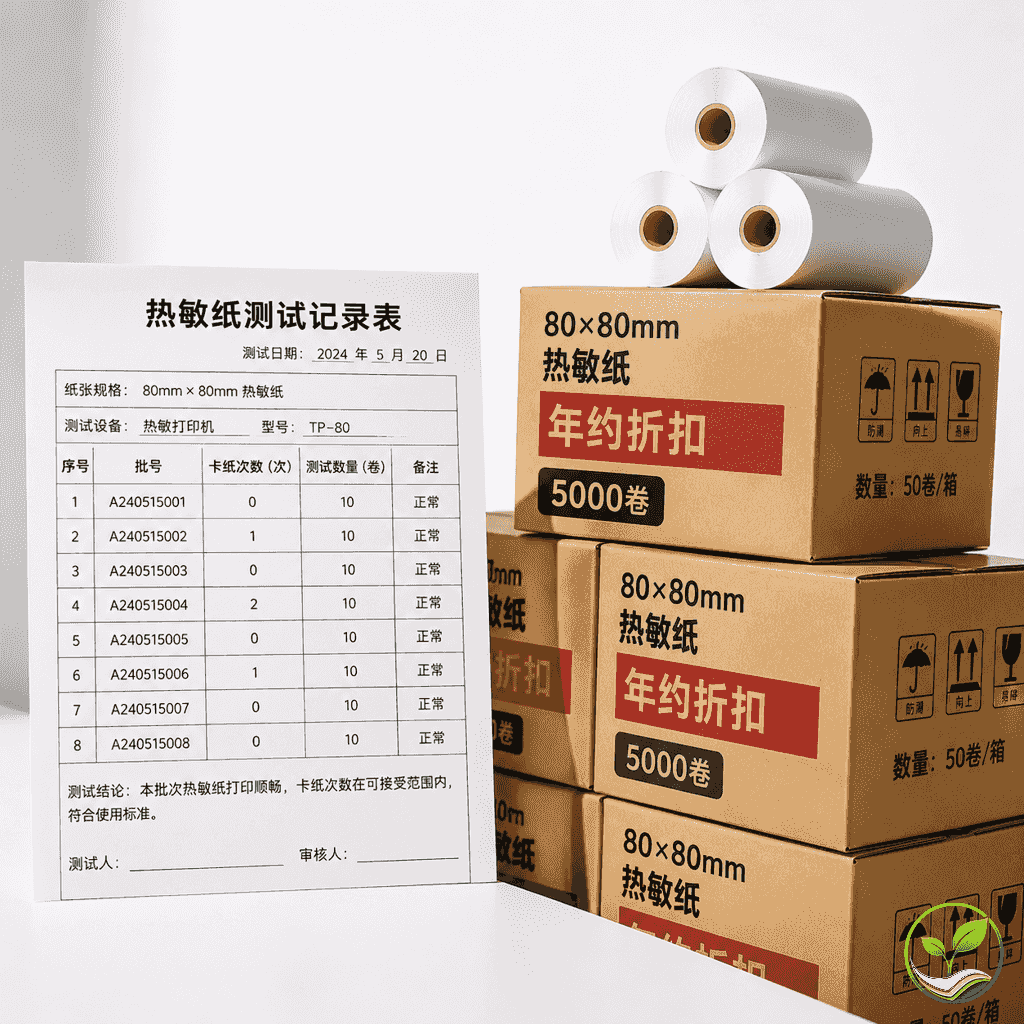 热敏纸测试记录表和批量采购的整箱热敏纸堆叠