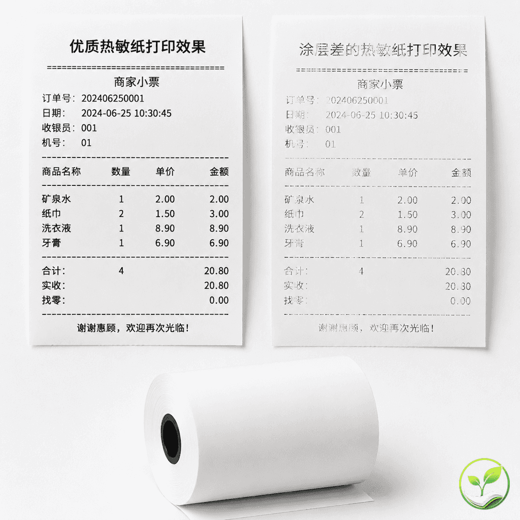 两张热敏打印小票并排对比，左边小票字迹清晰锐利，右边小票字迹发虚存在断点，旁边放着一卷未开封的热敏纸