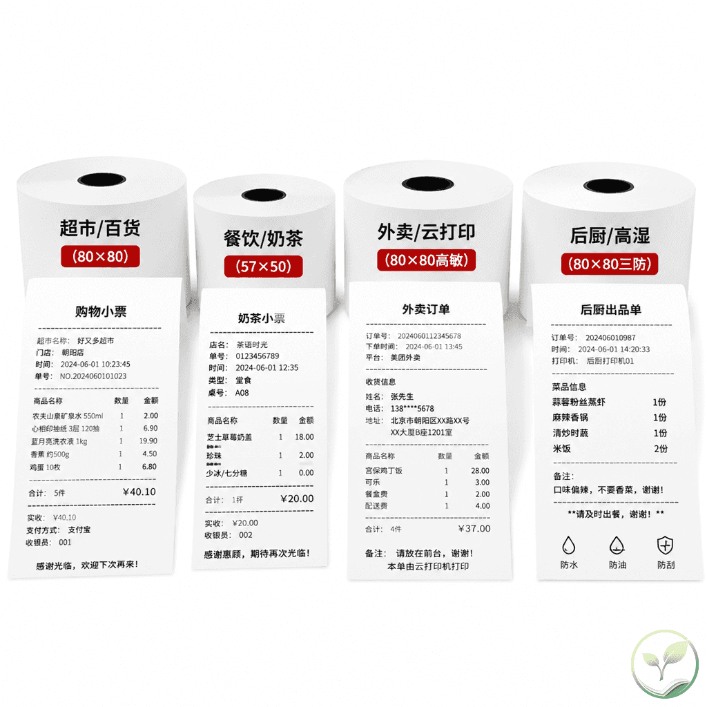 四卷不同规格的热敏纸并排陈列,每卷下贴有场景标签:超市收银、餐饮奶茶、外卖云打印、后厨高湿