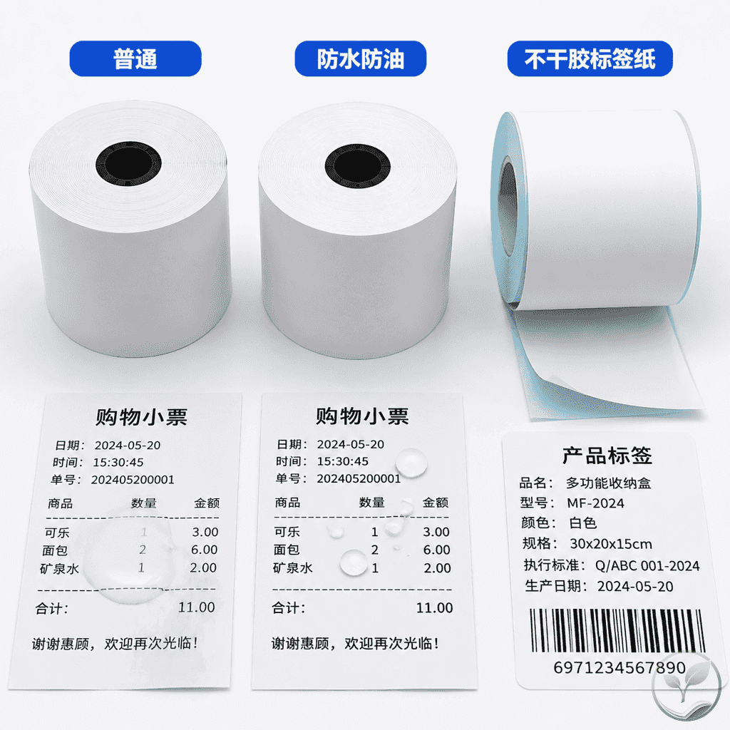 三种纸卷对比展示:普通热敏纸、三防热敏纸、标签纸,每卷下方有打印样张和防水测试对比