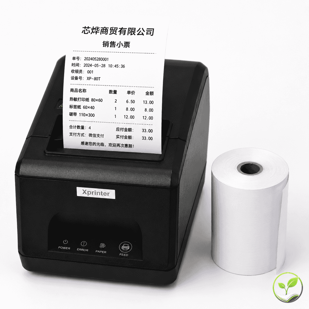 热敏纸使用场景示意,一台热敏打印机正在打印超市小票,旁边放置开启的热敏纸卷,白色背景