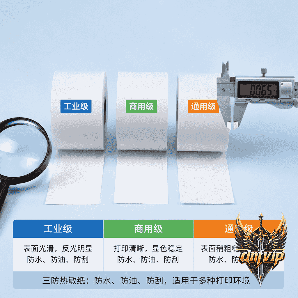 三卷不同等级的三防热敏纸并排摆放，标签分别标注工业级、商用级、通用级，旁边有放大镜和游标卡尺，展示纸张表面光滑度和厚度差异