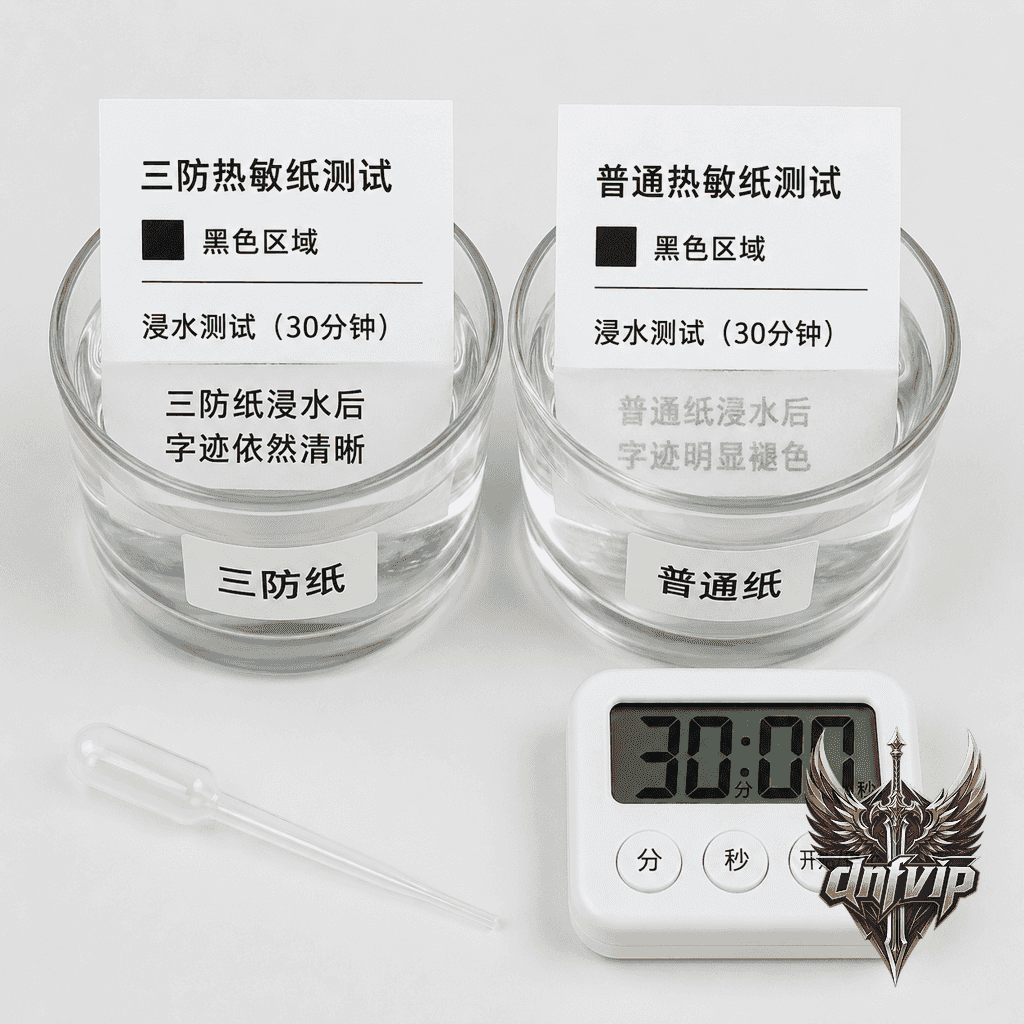 两张打印后的热敏纸同时浸入透明玻璃水杯中,纸张部分浸入水中展示防水效果,左侧纸为三防纸字迹清晰,右侧普通纸字迹模糊