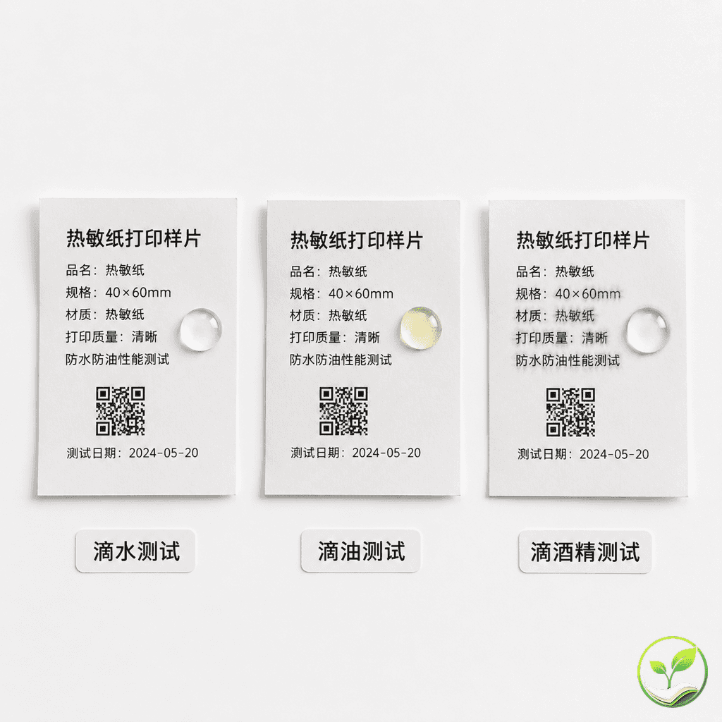 三防热敏纸的滴水、滴油、滴酒精测试对比场景,从左到右三个小样分别展示字迹完整、轻微扩散、字迹消失的效果