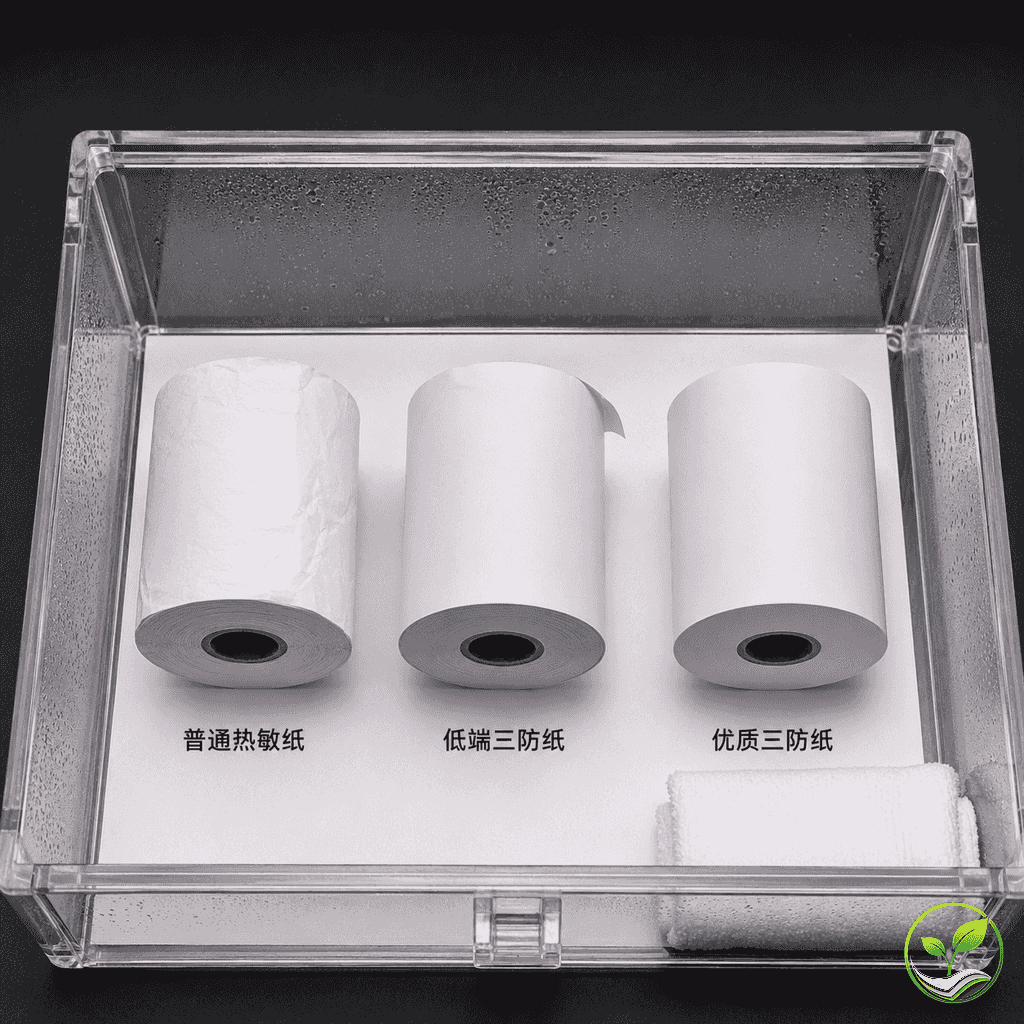 透明密封箱内放置三卷不同类型的热敏纸，旁边有湿毛巾，箱内凝露可见，展示高湿储存对比实验