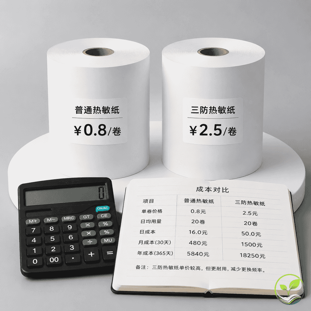 两卷不同的热敏纸并排展示，一卷标注普通纸价格0.8元，另一卷标注三防纸价格2.5元，旁边有计算器和账本