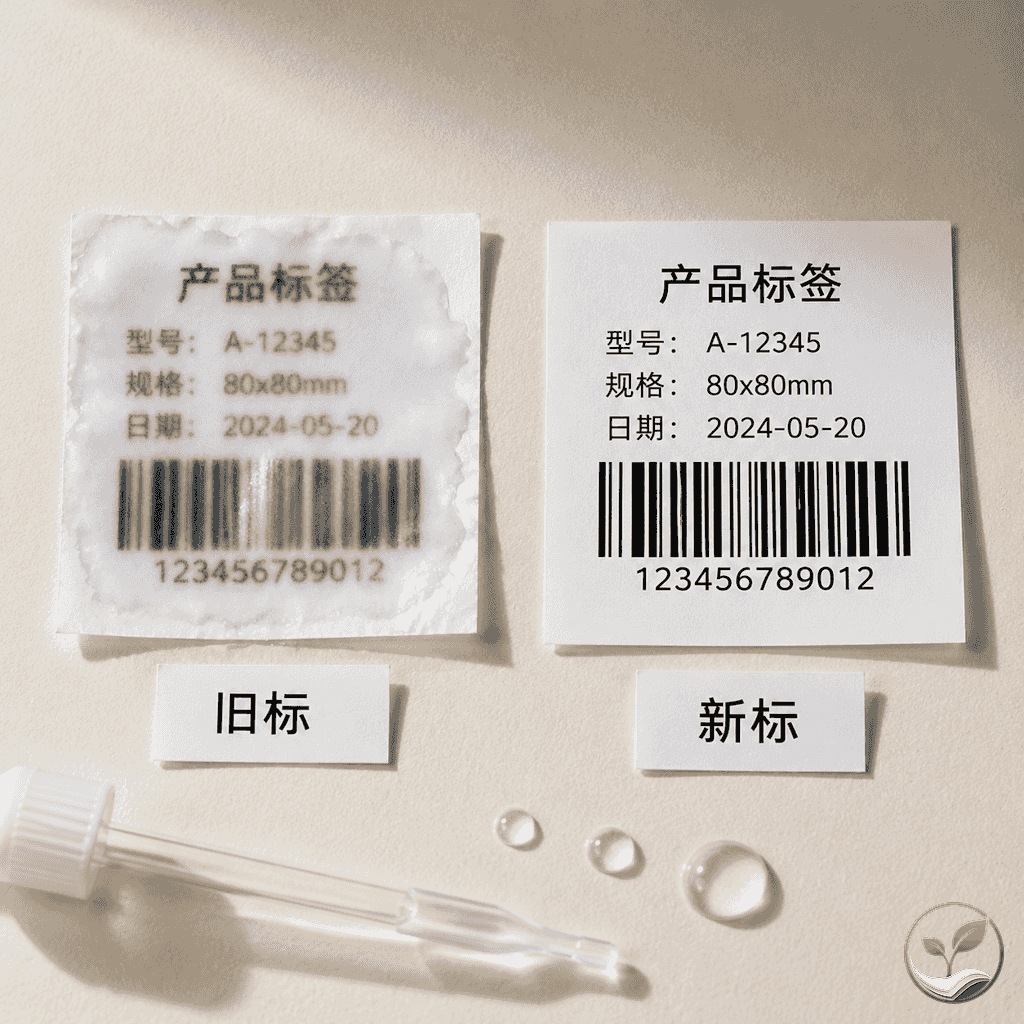 两张热敏纸片并列展示,左边纸张有水渍渗透痕迹且打印文字模糊,右边纸张表面完整文字清晰,旁边标注‘旧标’和‘新标’,体现新标防水性能提升