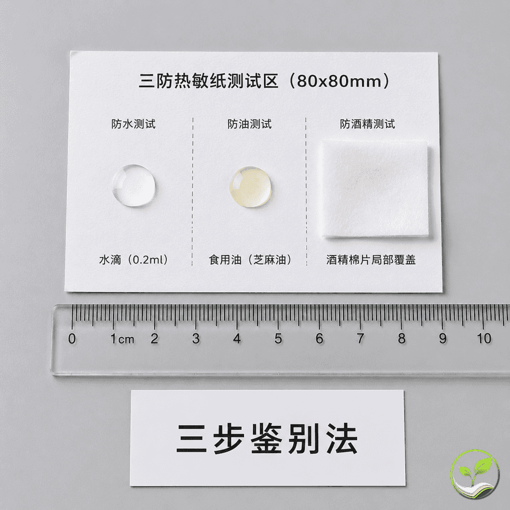 一张热敏纸上分布三个测试区域：左侧一滴水珠，中间一滴食用油，右侧一块酒精棉片，纸张下方标有‘三步鉴别法’示意，展示现场验证方法