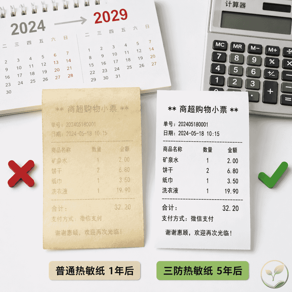两张小票并排对比,左侧小票字迹已模糊褪色并标注‘普通纸1年后’,右侧小票字迹清晰并标注‘三防纸5年后’,背景有日历和计算器