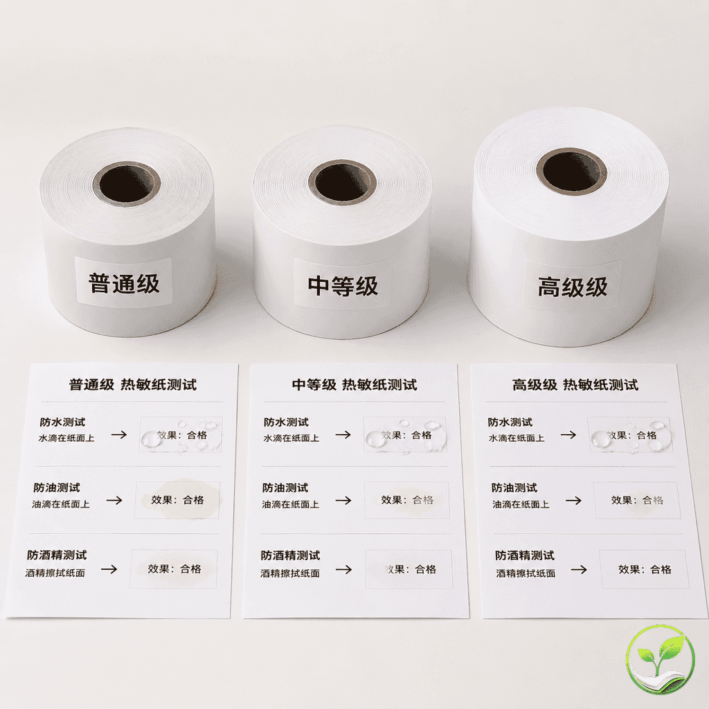 三个不同等级的三防热敏纸卷并排摆放,分别标注普通级、中等级、高级,体现价格和性能差异