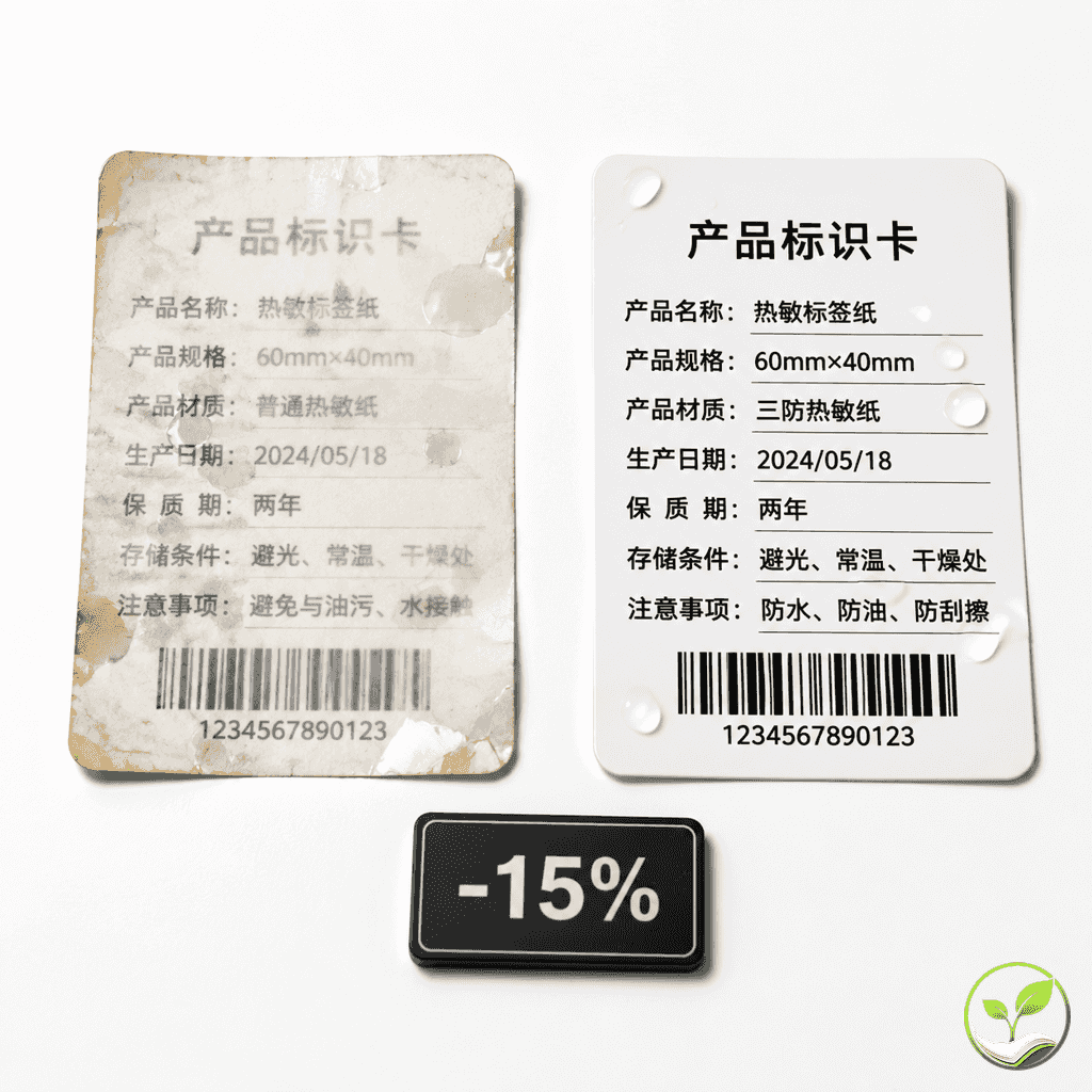 普通热敏纸标签模糊发黄与三防热敏纸标签清晰完好的近距离对比,旁边标注15%成本节省