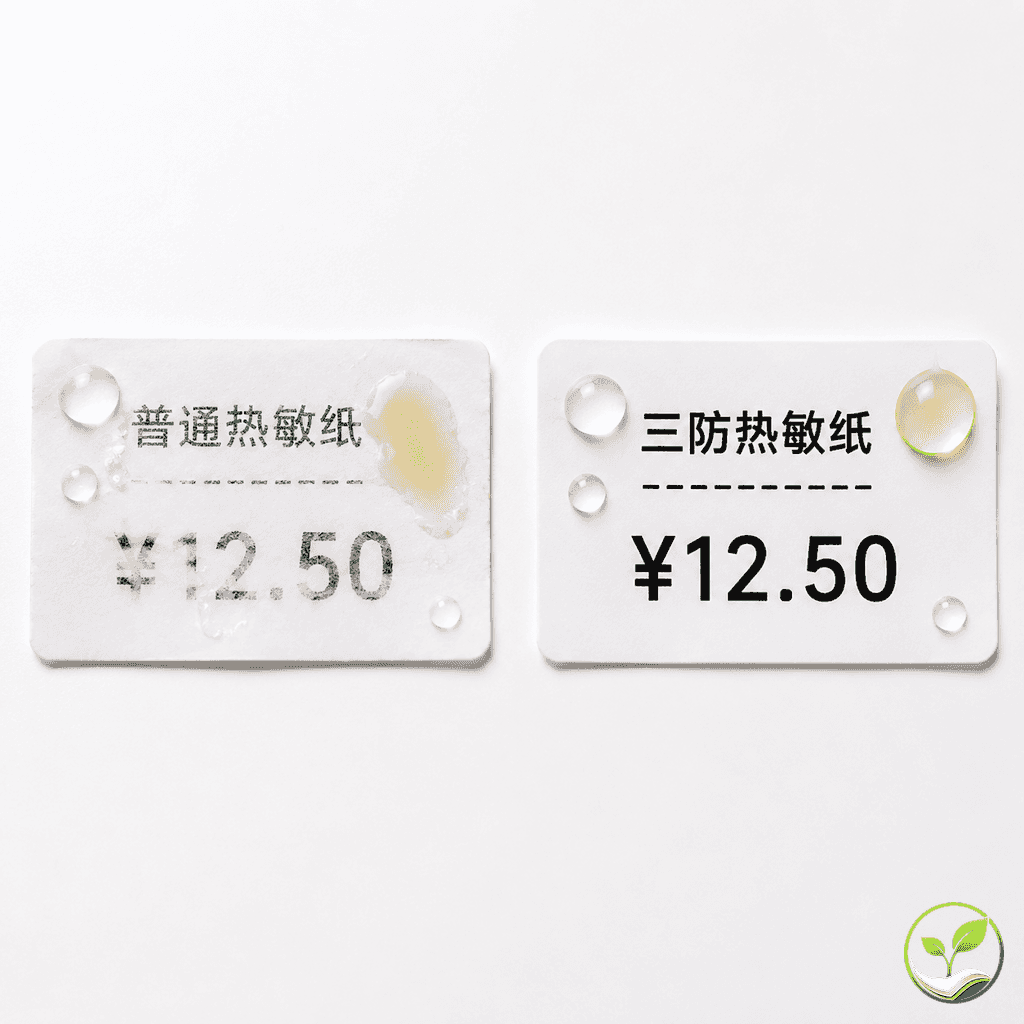 两张热敏纸标签的特写对比，普通纸受水滴和油渍影响字迹模糊，三防纸同样条件下字迹清晰