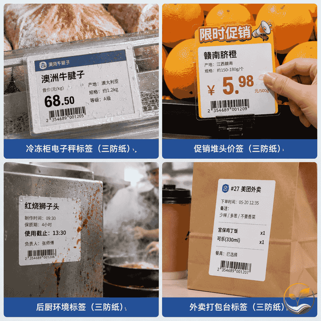 超市多个场景中三防热敏纸标签的应用对比:冷柜、促销堆头、后厨、外卖打包台使用三防纸标签清晰,收银小票和仓库临时标识使用普通纸