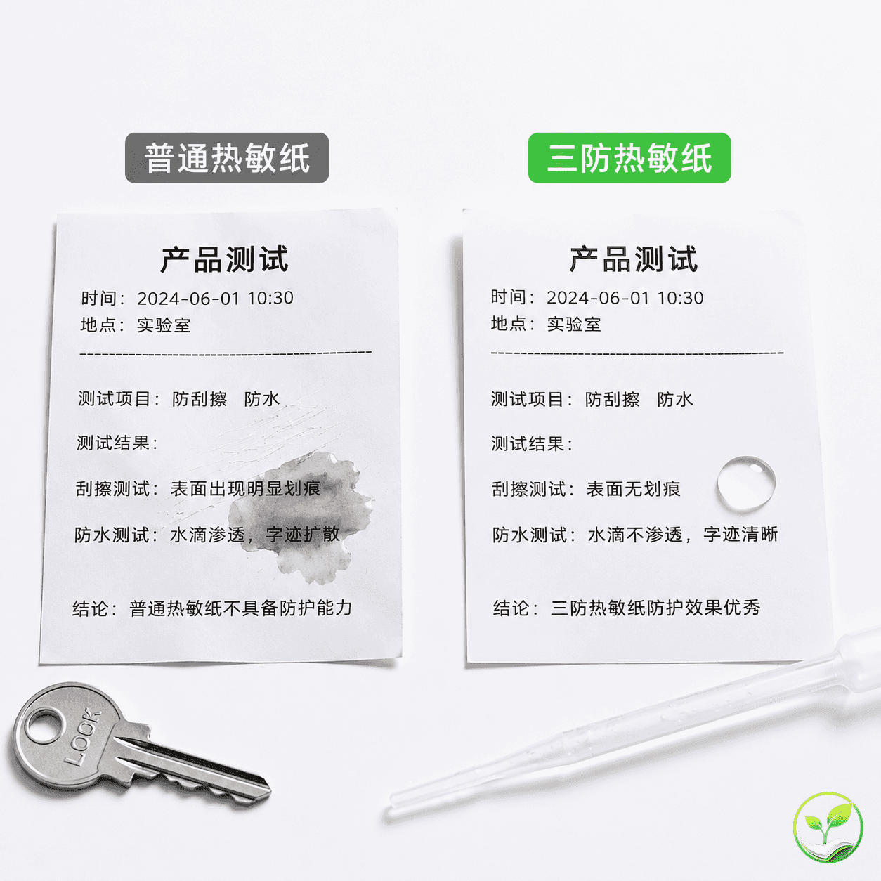 热敏纸测试对比:左侧普通纸被指甲刮出白痕、水滴洇开,右侧三防纸字迹完好、水滴呈珠状