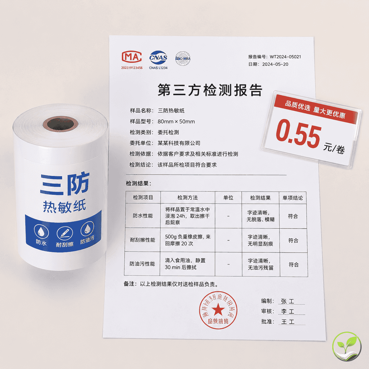 热敏纸采购现场，一卷三防热敏纸旁边放着一份第三方质检报告和价格标签