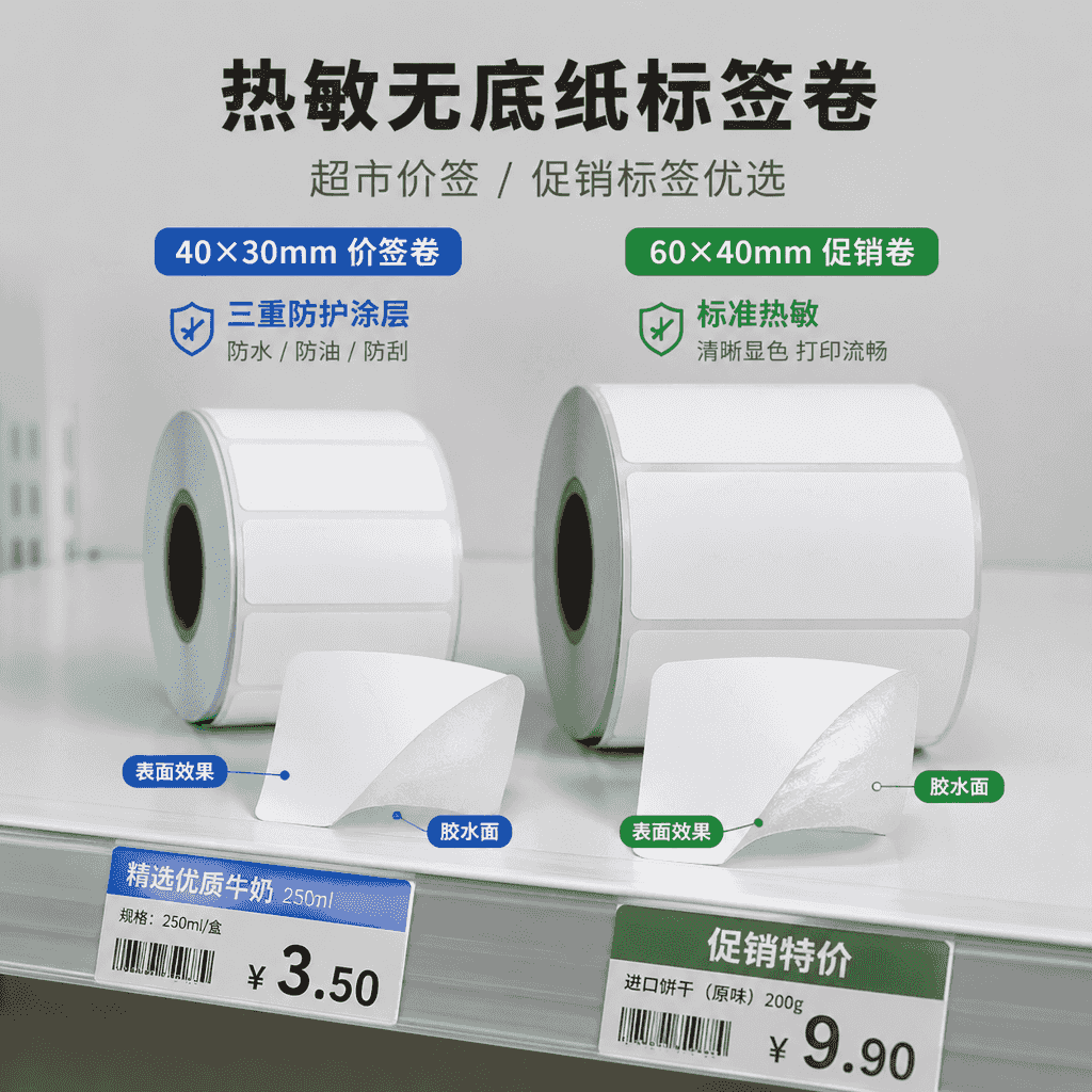 热敏不干胶价格标签卷和促销价签卷放在超市货架旁,展示三防标签与普通标签的对比效果