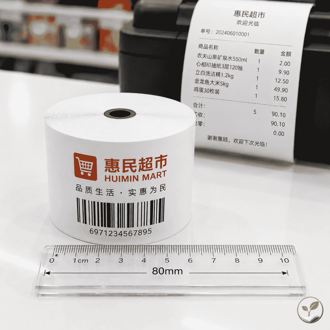 定制化的80x70热敏收银纸卷,纸卷侧面印有超市品牌LOGO和条形码,旁边放一把尺子显示尺寸,背景是收银机打印的小票样张