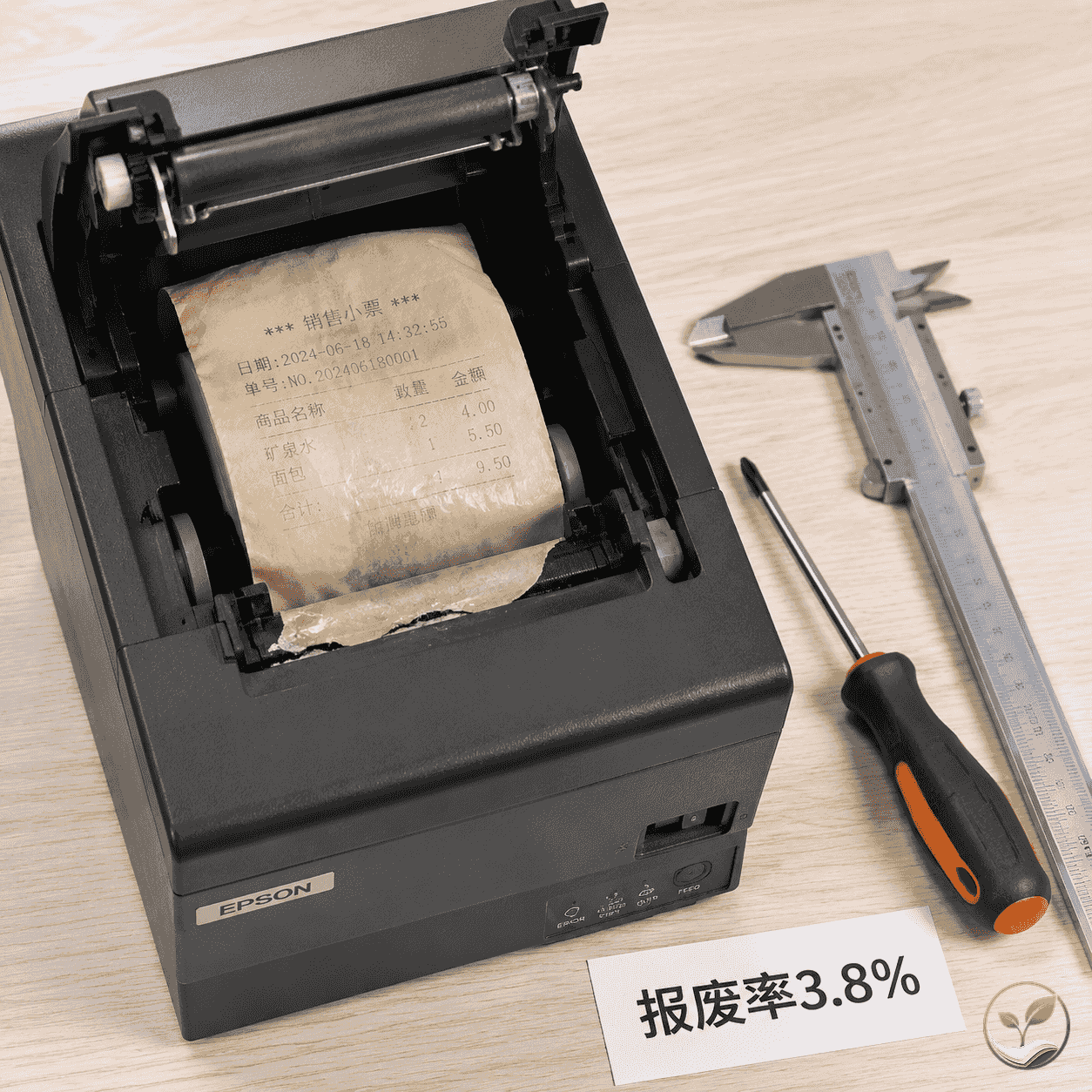 一台收银机内部卡纸故障场景，纸卷受潮泛黄，旁边有维修工具和报废单据