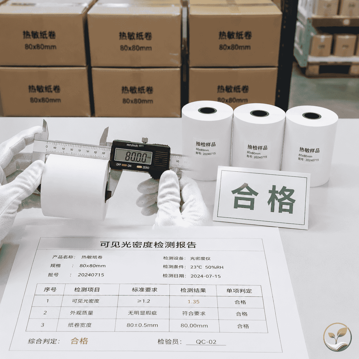 仓库内检验员用卡尺测量热敏纸卷宽度,旁边有检测报告和合格样品