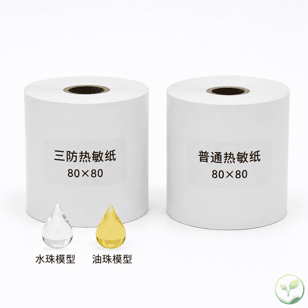 两卷热敏纸并排对比，一卷标注三防，一卷标注普通，旁边有水滴和油滴示意图标