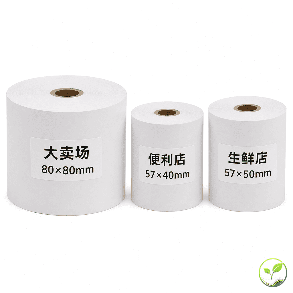 三个热敏收银纸卷并排展示,分别标注大卖场、便利店、生鲜店,显示不同宽度和外径规格