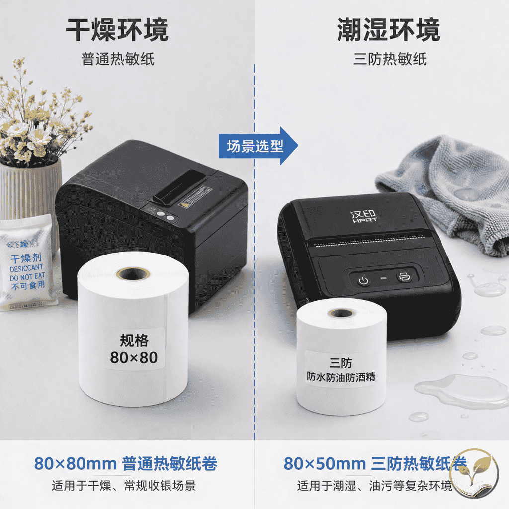 两种超市收银场景对比展示:主力收银区干燥环境使用80mm热敏纸卷,生鲜区潮湿环境使用三防热敏纸卷