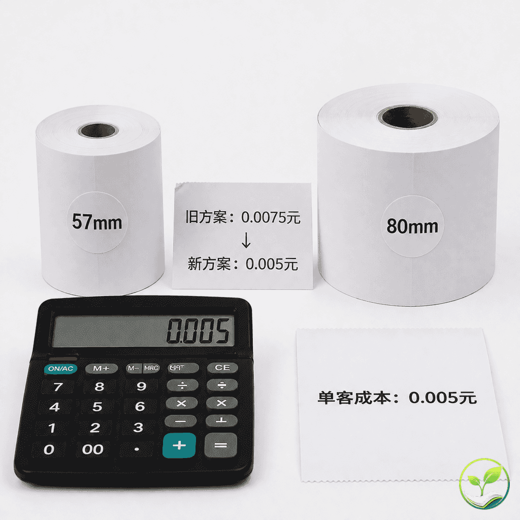 57mm与80mm热敏纸卷对比,旁边有计算器和小票,显示成本数据对比表格