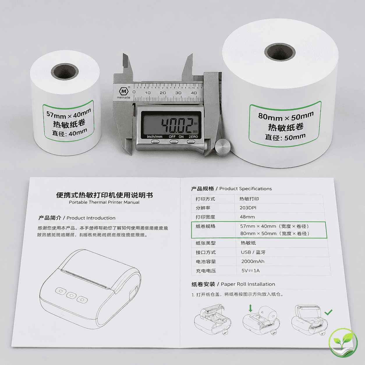 两种规格热敏纸卷并排对比,旁边放游标卡尺和打印机说明书